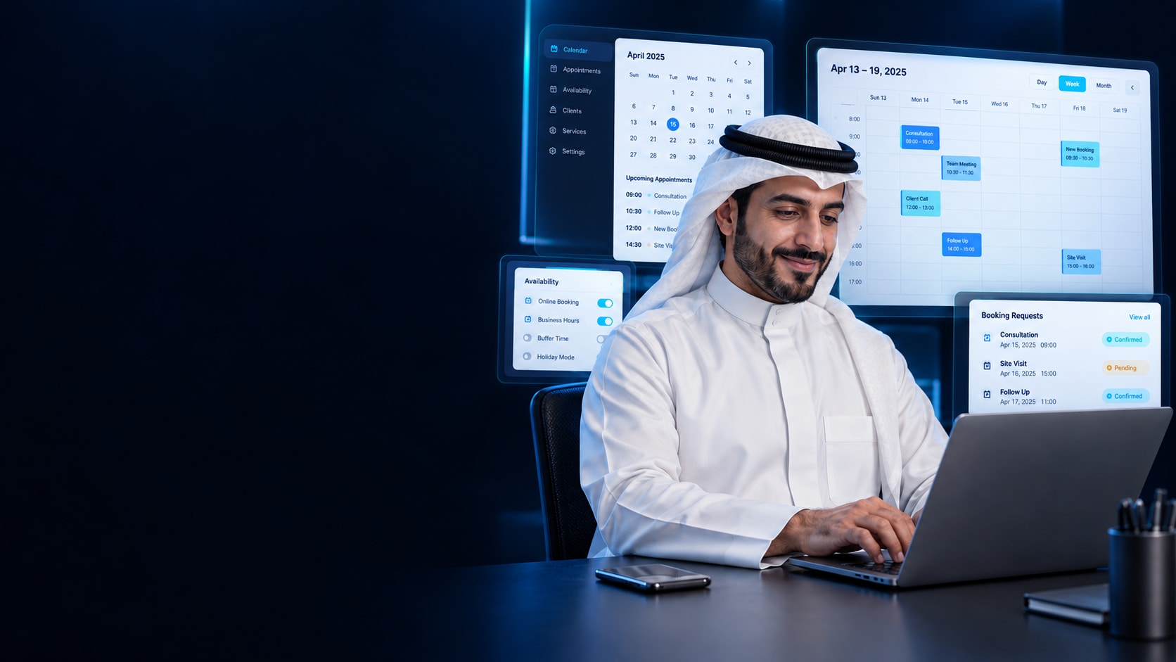 A Kuwaiti man working on a laptop, with booking screens behind him